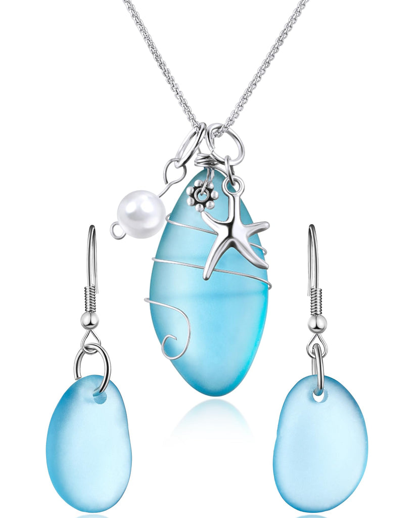 Yinkin 2 Pcs Sea Glass Necklace Earrings Sea Glass Gift Set Starfish Ocean Themed Necklace Blue Freshwater Pearls Earring Handmade Jewelry with Gift Box for Women Girls