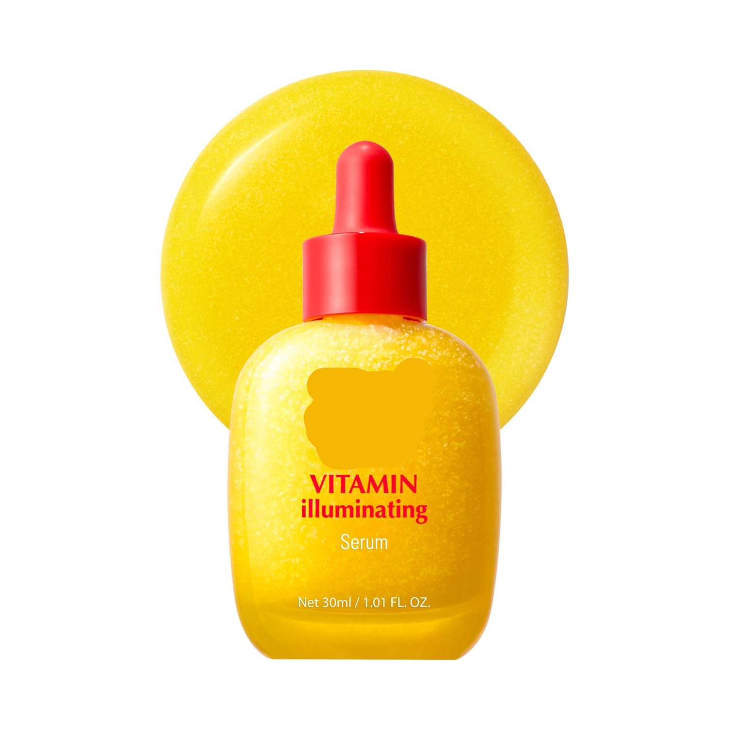 Yellow serum bottle with red dropper and yellow sponge on a white background