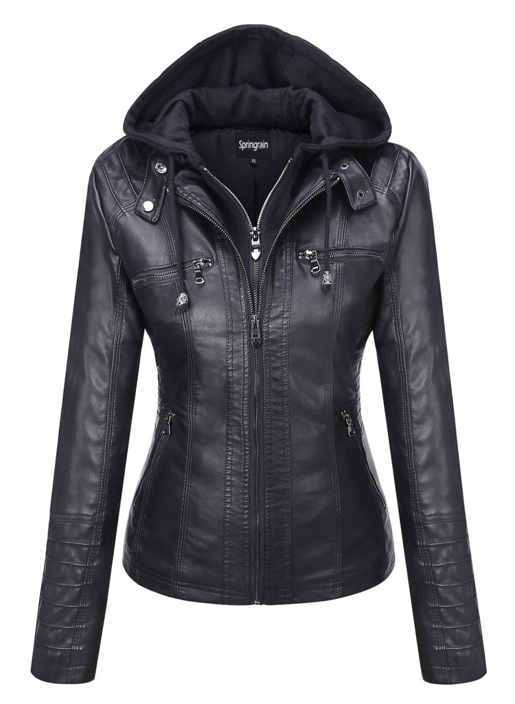Springrain Women's Faux Leather Jacket Moto Biker Coat with Detachable Hood Motorcycle Jacket