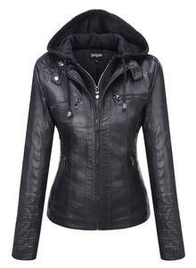 Springrain Women's Faux Leather Jacket Moto Biker Coat with Detachable Hood Motorcycle Jacket