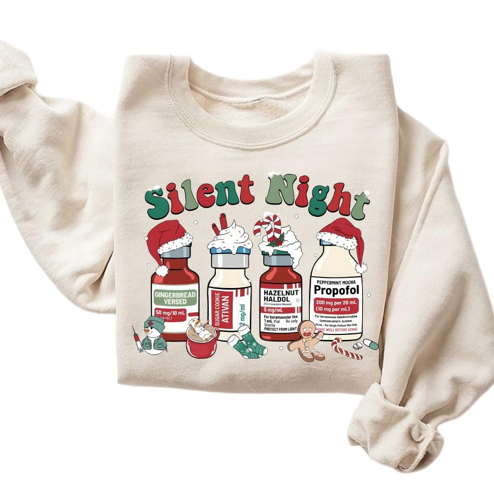 Silent Night Christmas Sweatshirt, Christmas Nurse Shirt, Medical Christmas Sweater, ICU Nurse Christmas Tee, Nurse Holiday Sweatshirt Multicolor