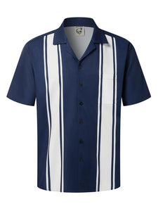 Hardaddy Men's Camp Collar Retro Vintage Bowling Button Down Shirt with Pocket Casual Short Sleeve Beach Shirts Summer Relaxed Fit Blue Striped Bowling 3XL