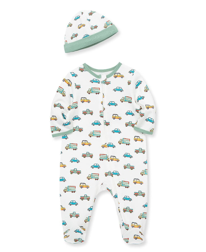 Little Me Baby Boy Clothes 2-Piece Baby Sleeper and Cap Set 100% Cotton Footies with Full 2-way Zipper and Scratch Free Tags Baby Essentials - 6 months, Trucks and Cars