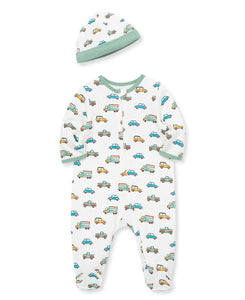 Little Me Baby Boy Clothes 2-Piece Baby Sleeper and Cap Set 100% Cotton Footies with Full 2-way Zipper and Scratch Free Tags Baby Essentials - 6 months, Trucks and Cars
