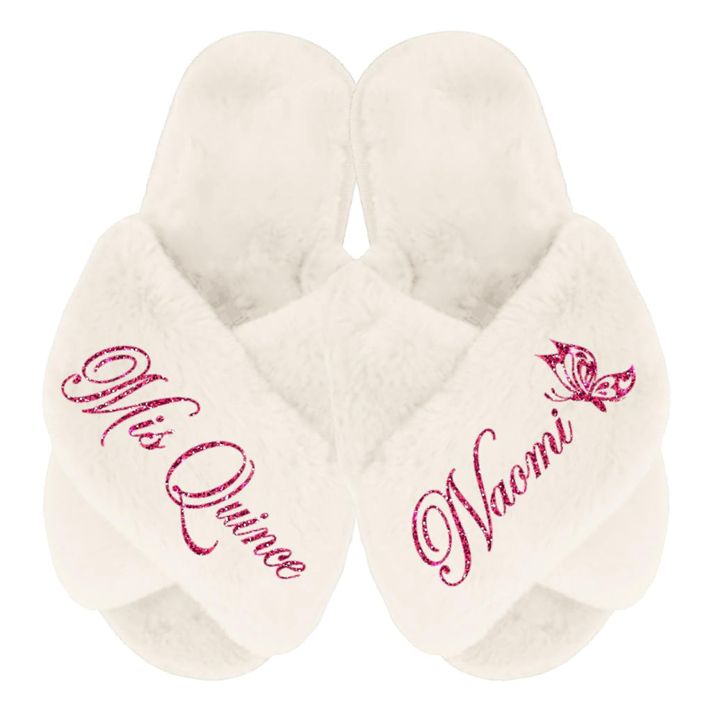 BluChi Cute Personalized Fluffy Slippers for Quinceanera, Mis Quince Slippers, Quinceanera Gifts - Designs for Mama, Abuela & Quince Squad