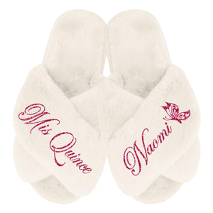 BluChi Cute Personalized Fluffy Slippers for Quinceanera, Mis Quince Slippers, Quinceanera Gifts - Designs for Mama, Abuela & Quince Squad
