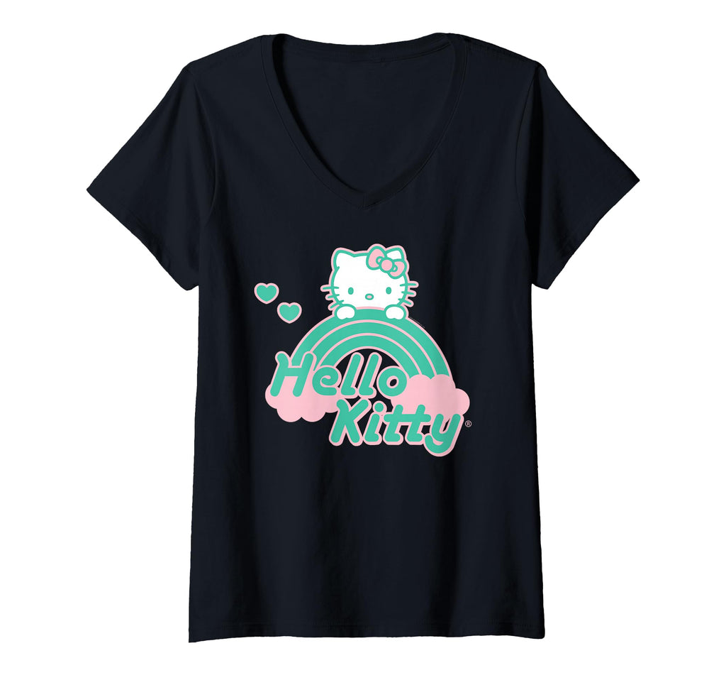 Womens Hello Kitty Green Pink Rainbow V-Neck T-Shirt