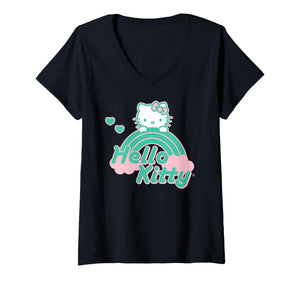 Womens Hello Kitty Green Pink Rainbow V-Neck T-Shirt