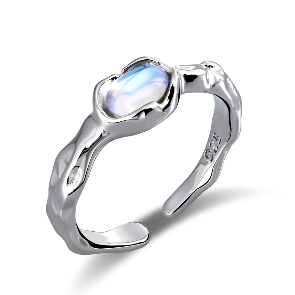 Teppdfann Rainbow Moonstone Ring for Women, Small Adjustable Open Sterling Silver Moonstone Jewelry, Unique Gemstone Statement Ring for Gift