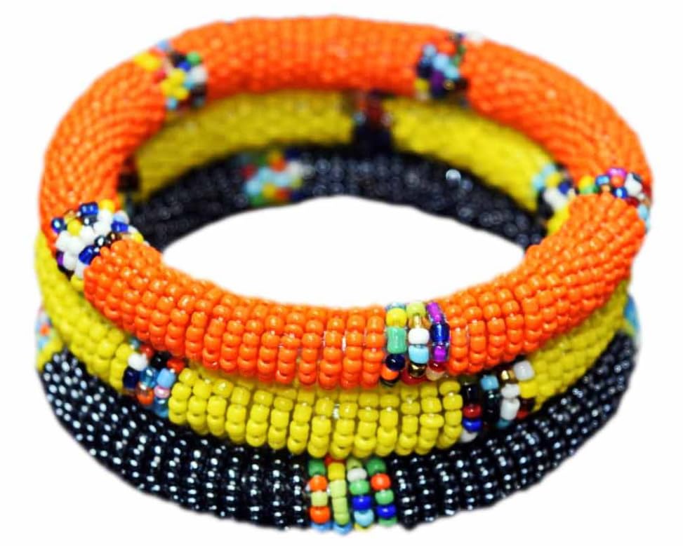 Tembo Crafts Africa - Set of 3 Handmade Bangles for Women Maasai Beaded Bracelets Boho Jewelry Gifts Orange Metallic Grey Yellow