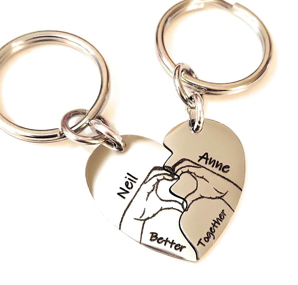 Couples Love Heart Key Chains, Personalized Names and Date, Puzzle Pieces Set, Husband, Wife, Boyfriend Gift, Girlfriend Gift
