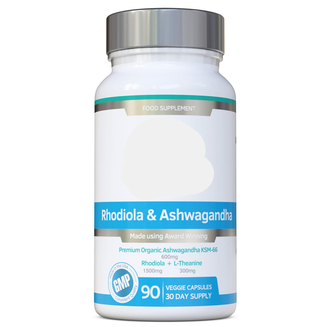Supplement bottle labeled 'Rhodiola & Ashwagandha' by Swiss BioEnergetics on a white background