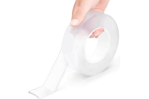 White tape with a brand logo held by a hand on a white background