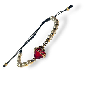 Sacred Heart of Jesus Bracelet – Elegant Macrame with Faux Pearls, Gold Beads & Charm – Adjustable Catholic Jewelry for Women & Teens, Religious Gift