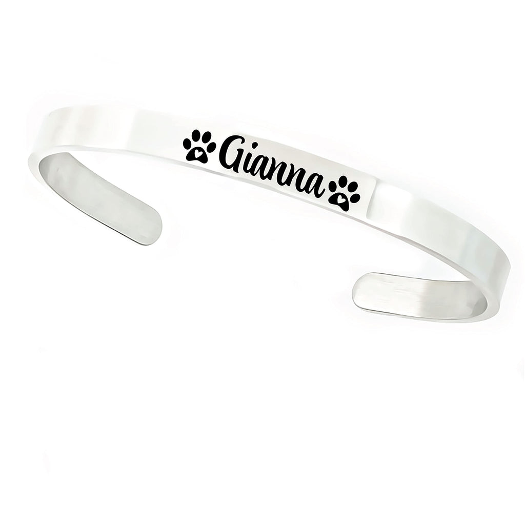 Paw Print Name Cuff Personalized Pets Jewelry Personal Name Paw Prints Hearts Bracelet Rose Gold Silver Metal Pet Remembrance Gift Pet Mom PET-CUFF