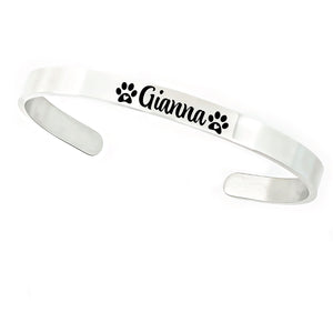 Paw Print Name Cuff Personalized Pets Jewelry Personal Name Paw Prints Hearts Bracelet Rose Gold Silver Metal Pet Remembrance Gift Pet Mom PET-CUFF