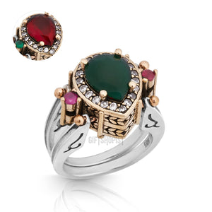 Elegant Reversible 925 Sterling Silver Ring for Women Jewelry - Handcrafted in Turkey, Featuring Drop Shape Pear Cut Emerald Ruby Jade 925 Sterling Silver Ring Size