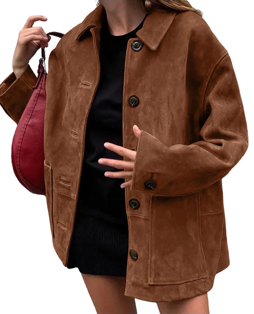 chouyatou Women's Fall Boyfriend Faux Suede Leather Jacket Casual Midi Long Button Down Shacket Coat