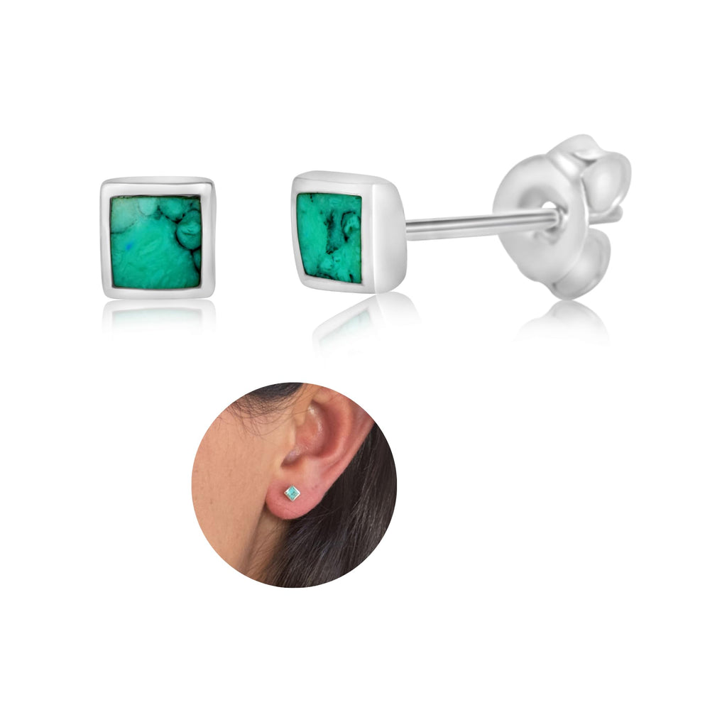 Handmade Turquoise Gemstone Square 4mm Stud Earrings, 925 Sterling Silver Studs for Women, Cartilage Earring, Tarnish & Water Resistant, By Miya Jewelry Creations