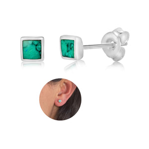 Handmade Turquoise Gemstone Square 4mm Stud Earrings, 925 Sterling Silver Studs for Women, Cartilage Earring, Tarnish & Water Resistant, By Miya Jewelry Creations