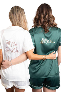Holiday Gift Pajama Sets for Her, Sleepwear Bridesmaid PJs, Bridesmaid Personalized Gift, Holiday Pajamas Customized, Bridal PJS, Bridal Satin Shorts, Lingerie Wedding Preparation, Bridesmaid Gift