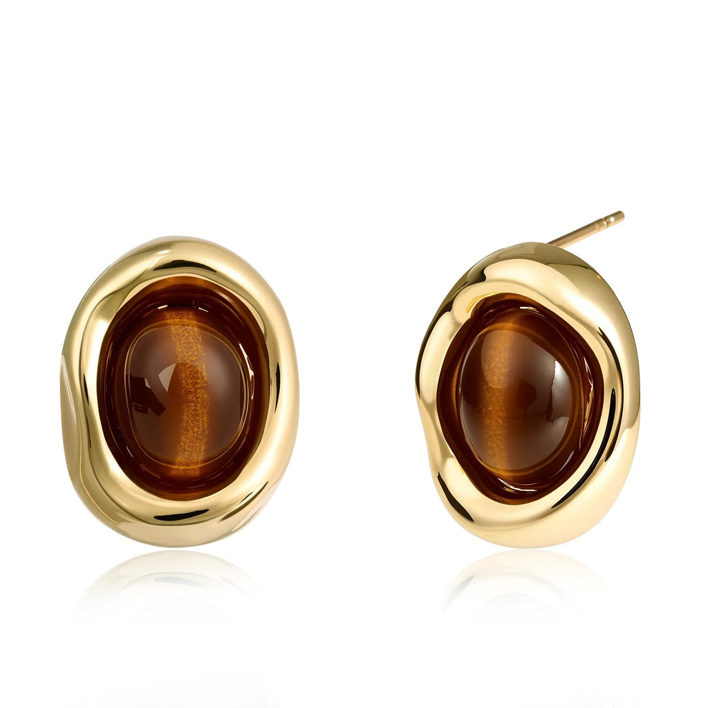 Teppdfann Tiger Eye Stud Earrings 14K Gold Plated Vintage Brown Gemstone Earrings with Oval Tiger Eye Jewelry in Irregular Circular Frame for Women