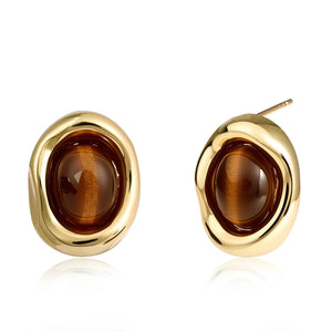 Teppdfann Tiger Eye Stud Earrings 14K Gold Plated Vintage Brown Gemstone Earrings with Oval Tiger Eye Jewelry in Irregular Circular Frame for Women