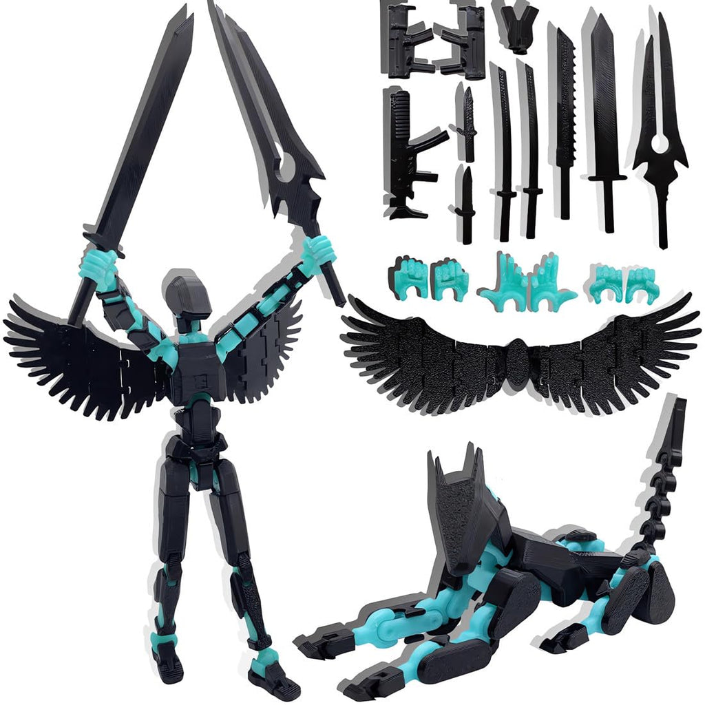 T13 3D Action Figures Set Titan 13 Action Figure Dummy 3D Printed Robo Multi-Jointed Movable Toy with Full Articulation for Collectors Desktop (Assembly Completed Black Blue Figure + Dog)