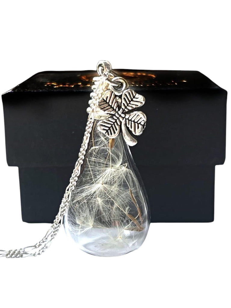 MadamLili Dandelion Necklace | Four Leaf Clover Pendant with Real Dandelion Seeds | 925 Sterling Silver Jewelry | Handmade Necklace for Women | Unique Birthday Gift for Her & Mom