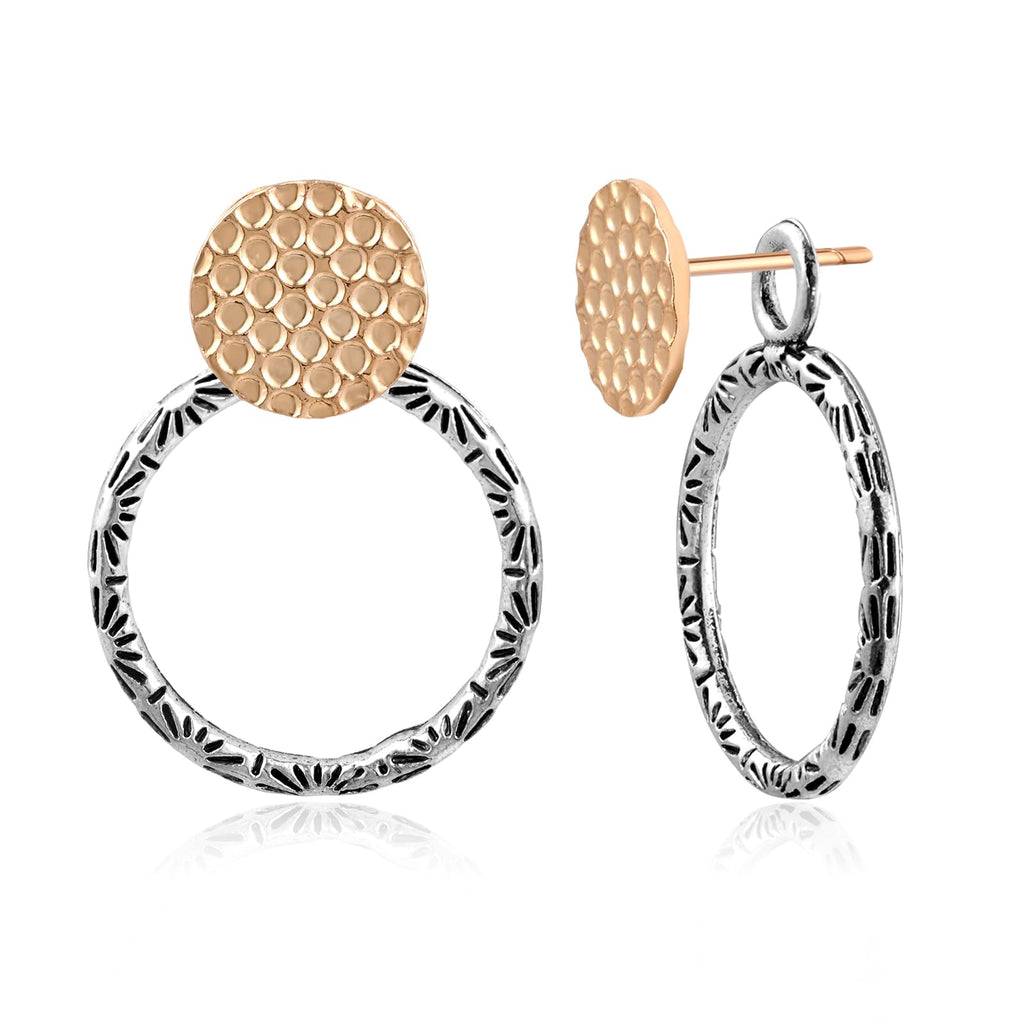 Watforsh Two Tone Jacket Earrings for Women Boho Style Geometric with Gold Hammered Studs and Silver Hoop Drop Mixed Metal Earrings