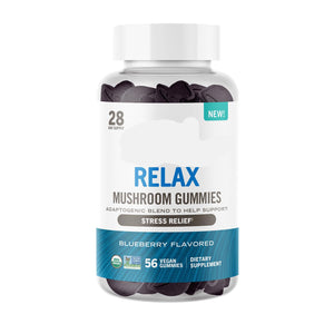 Bottle of Om Relax Mushroom Gummies on a white background