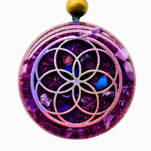 ARTE ORGONES & Design Orgone Necklace Seed of Life Healing Crystals Protection SBB Coil Copper Stone, Orgonite Pendant Amethyst Moonstone Rose Quartz, Yoga, Reiki, Handmade, Amulet