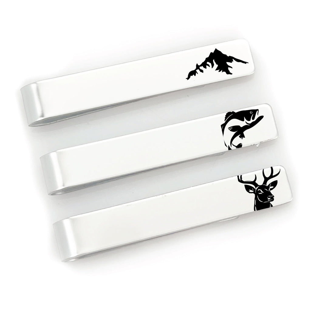 Sportsman Tie Clip Set of 3 – Mountains, Fish & Deer Designs – Rugged Stainless Steel Tie Bars for Men – Outdoorsman Gift, Hunter, Fisherman, Nature Lover, Rustic Accessories FBA-SPORTSMAN-3-TIE