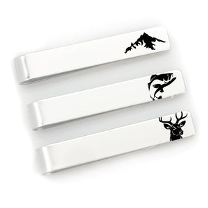 Sportsman Tie Clip Set of 3 – Mountains, Fish & Deer Designs – Rugged Stainless Steel Tie Bars for Men – Outdoorsman Gift, Hunter, Fisherman, Nature Lover, Rustic Accessories FBA-SPORTSMAN-3-TIE