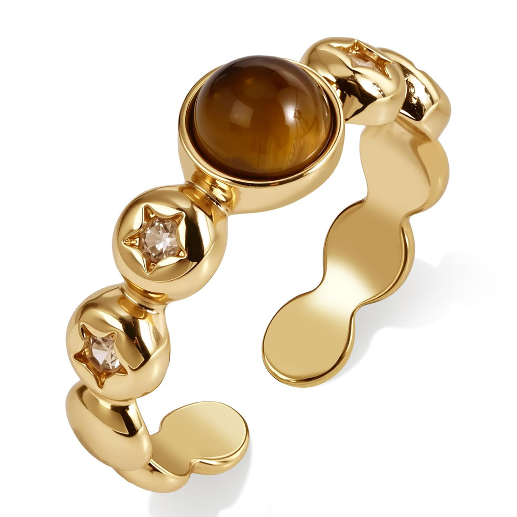 Aliyoham Adjustable 14k Gold Plated Tigers Eye Rings for Women, Cubic Zirconia Star Boho Jewelry for Women
