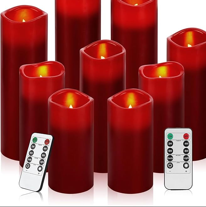 Antizer Real Wax Flameless LED Candles - Battery Operated, Remote & Timer - Burgundy Pillar Candle Set (9 pcs, Various Heights)