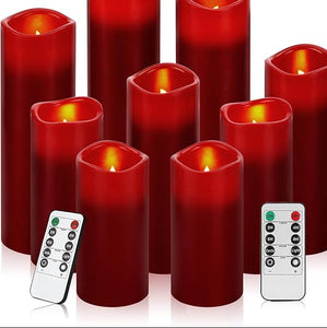 Antizer Real Wax Flameless LED Candles - Battery Operated, Remote & Timer - Burgundy Pillar Candle Set (9 pcs, Various Heights)