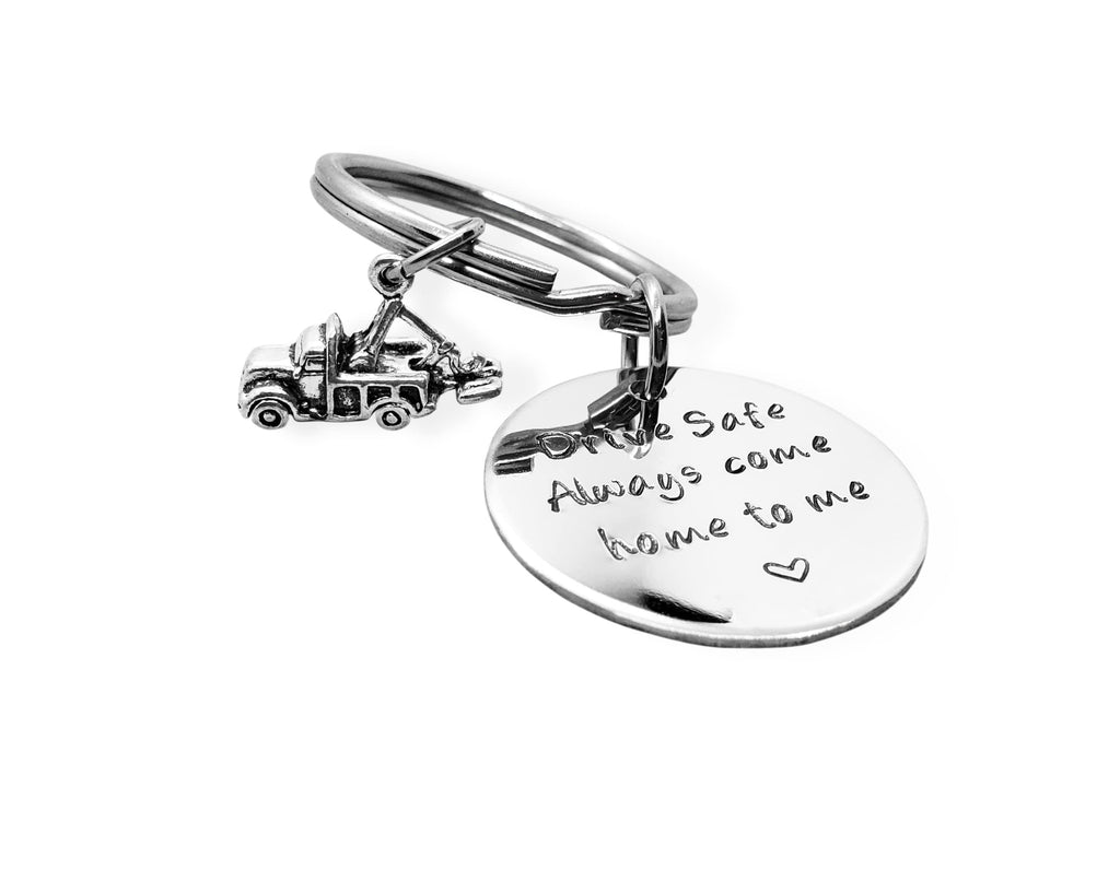 Handmade Drive Safe Key Chain with Tow Truck, Always Come Home to Me, Handstamp Tow Truck Driver Be Safe Gift