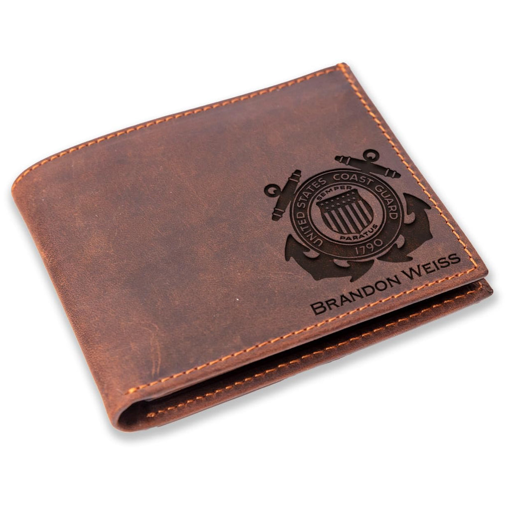 Custom United States Coast Guard Engraved Leather Bifold Wallet, Wallets for Coast Guard Men, US Guard Wallet, Crazy Horse Leather, Mens Wallet Bifold