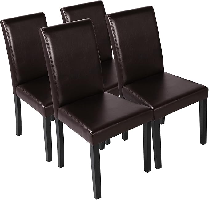 4pcs Dining Chairs High Back Padded Kitchen Chairs with PU Cushion and Wood Legs for Home and Restaurant, Brown