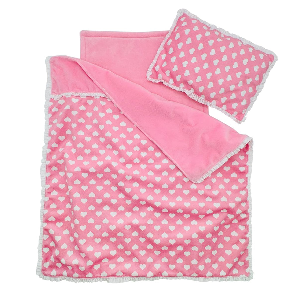 Baby Doll Accessories Dollhouse Bedding Set - Doll Blanket, Pillow & Mattress Playset for 18" Dolls,Gifts for Boys Girls Ages 3 4 5 Year Old (Pink Heart)