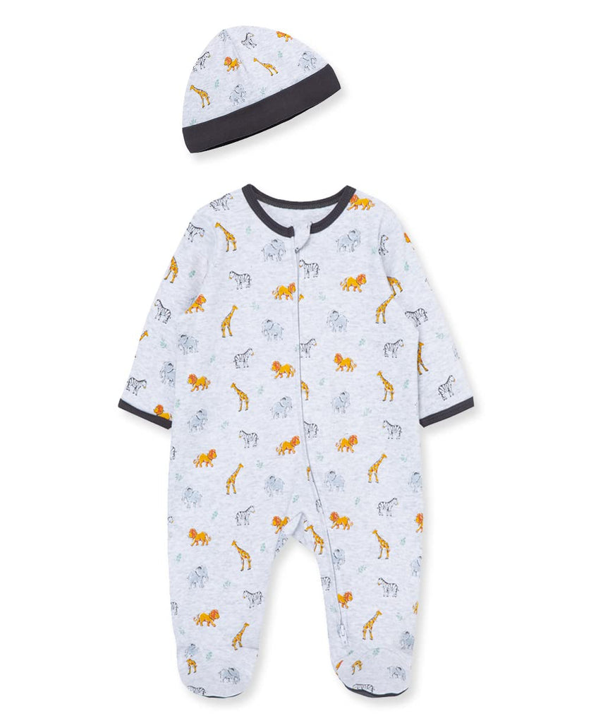 Little Me Baby Boy Clothes 2-Piece Baby Sleeper and Cap Set 100% Cotton Footies with Full 2-way Zipper and Scratch Free Tags Baby Essentials - 3 months, Blue Safari