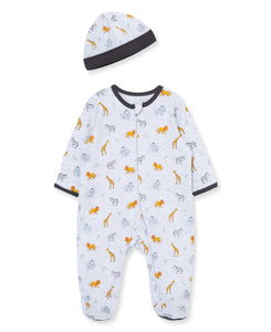 Little Me Baby Boy Clothes 2-Piece Baby Sleeper and Cap Set 100% Cotton Footies with Full 2-way Zipper and Scratch Free Tags Baby Essentials - 3 months, Blue Safari