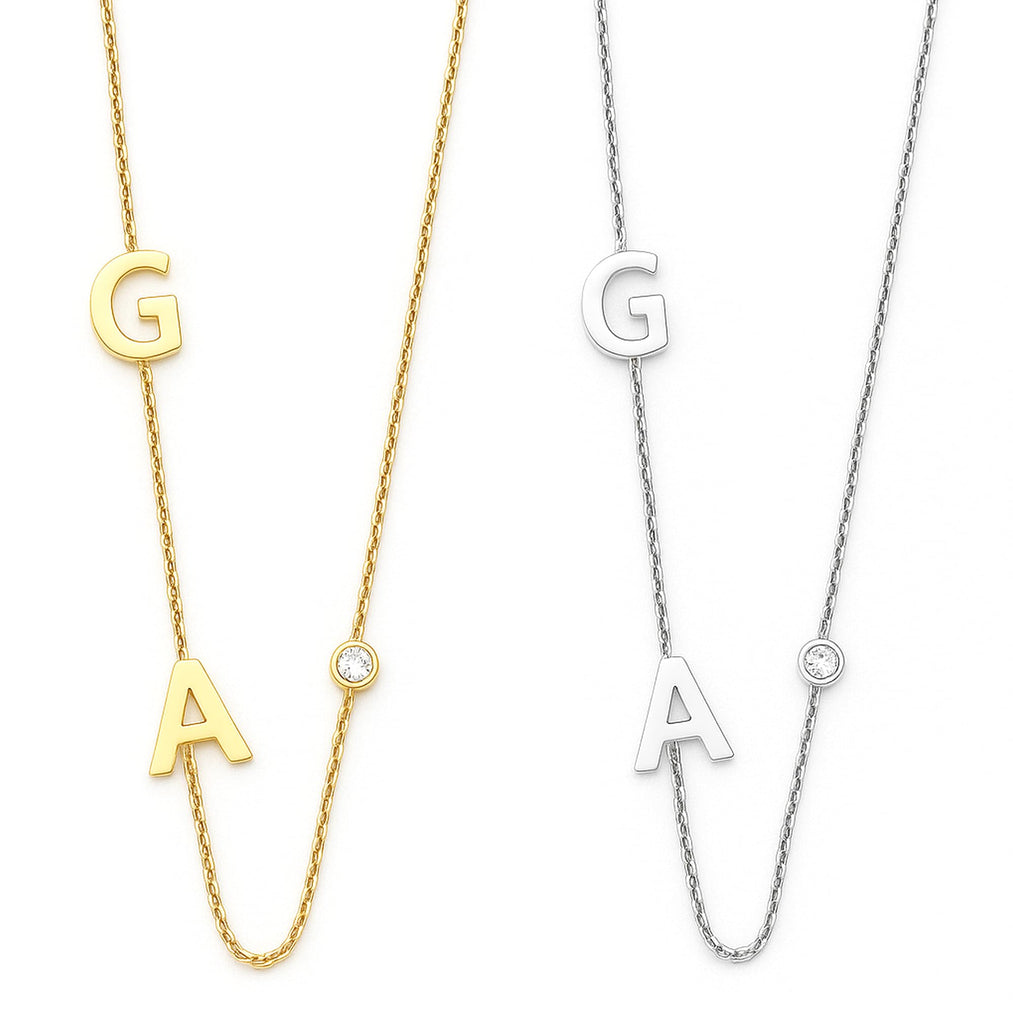 14k Sideways Initial Gold Necklace w Solitaire Diamond, Custom Multiple Letter Necklace, Personalized Solid Gold Initial Diamond Letter Necklace, Personalize Birthstone Bridesmaid Gift.