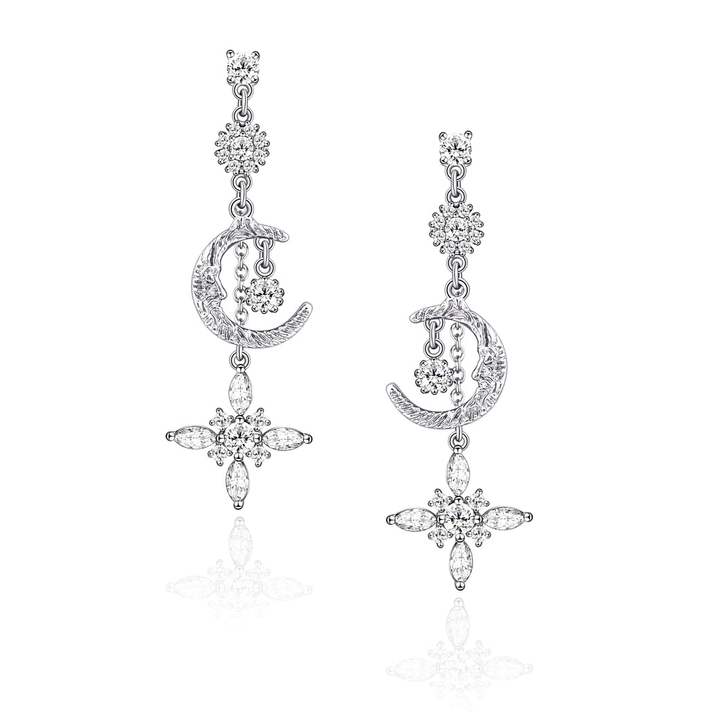 Silver Moon and Star Dangle Earrings for Women with Cubic Zirconia Punk Celestial Jewelry for Gift