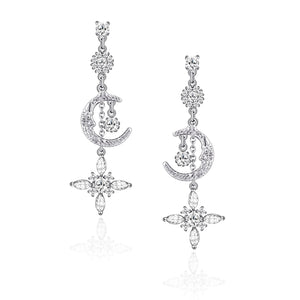 Silver Moon and Star Dangle Earrings for Women with Cubic Zirconia Punk Celestial Jewelry for Gift