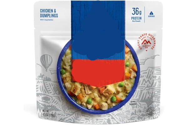 Mountain House freeze-dried chicken and dumplings package on a white background