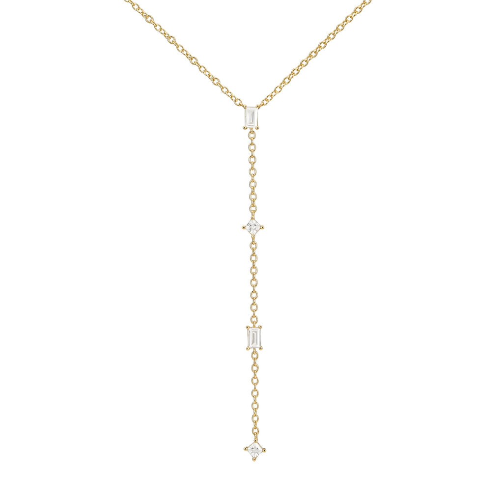 Faire de la Mode 18k Gold Vermeil 4 CZ Statement Lariat Necklace, Elegant & Dainty June Birthstone Long Necklace, CZ Necklaces for Women with Faux Diamonds, Wedding Guest Jewelry for Brides