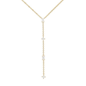 Faire de la Mode 18k Gold Vermeil 4 CZ Statement Lariat Necklace, Elegant & Dainty June Birthstone Long Necklace, CZ Necklaces for Women with Faux Diamonds, Wedding Guest Jewelry for Brides