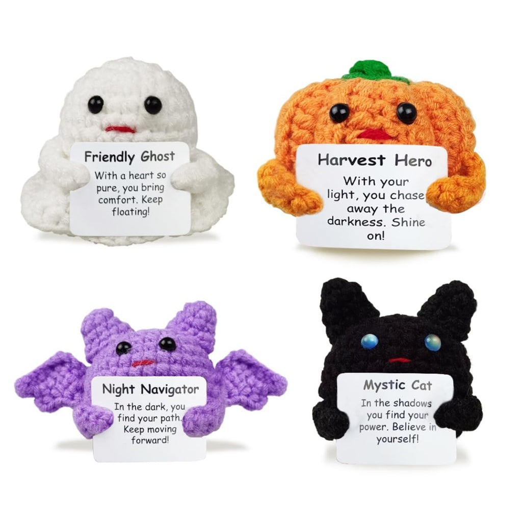 4 Pack Knitted Wool Halloween Toys with Positive Card Crochet Dolls for Halloween Party Favors Treat Bags Cheer Up Gifts